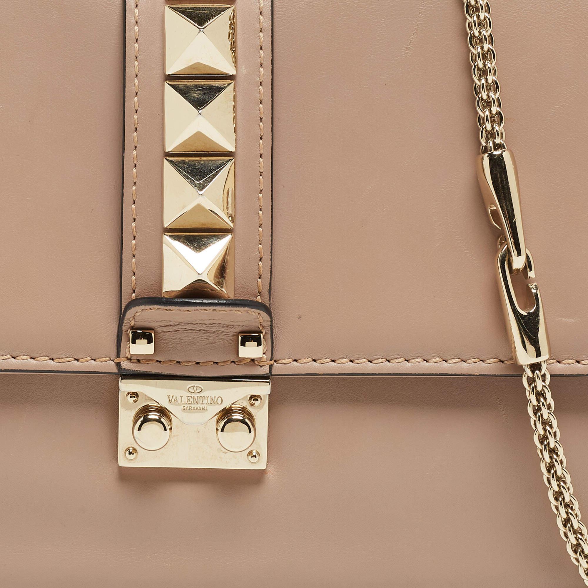 Valentino Old Rose Leather Medium Rockstud Glam Lock Flap Bag For Sale 11