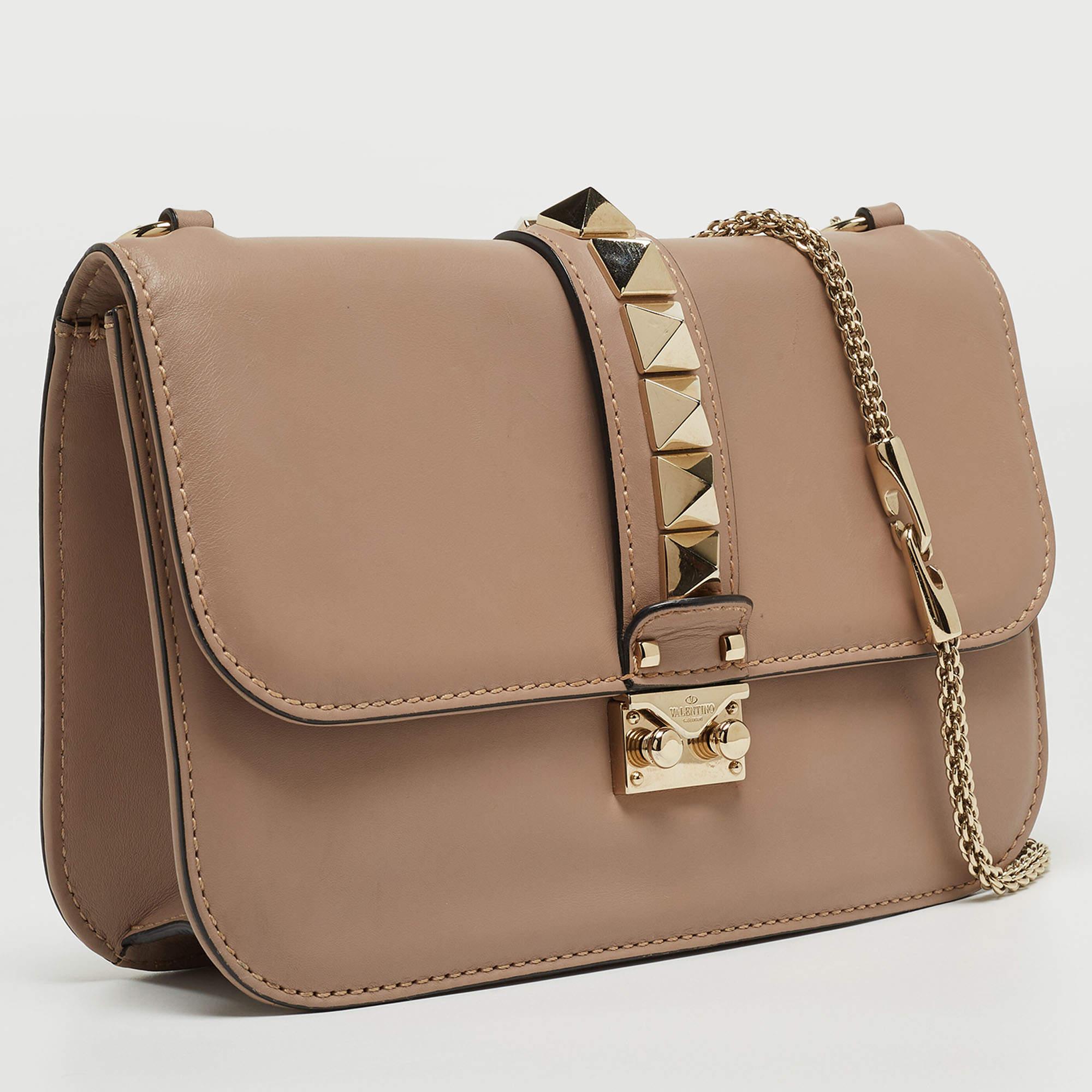 Women's Valentino Old Rose Leather Medium Rockstud Glam Lock Flap Bag For Sale