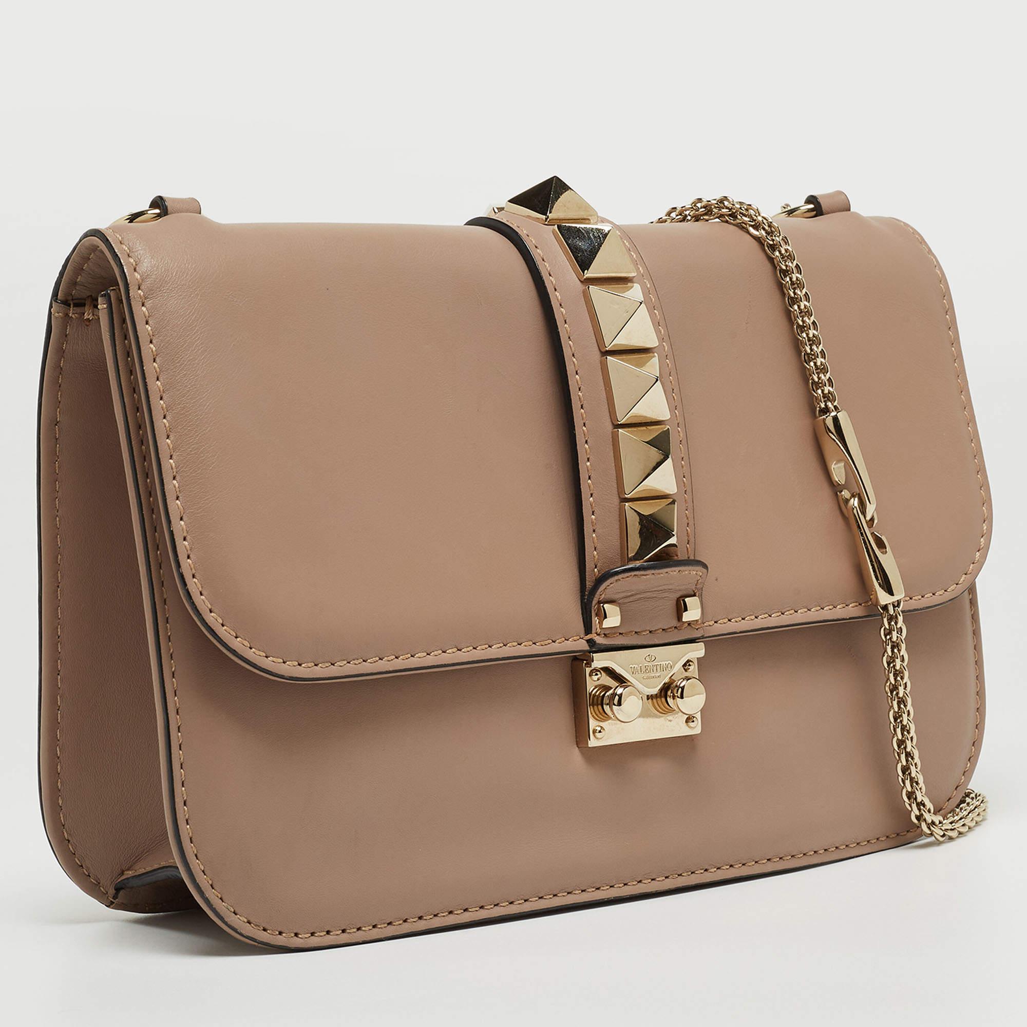 Women's Valentino Old Rose Leather Medium Rockstud Glam Lock Flap Bag