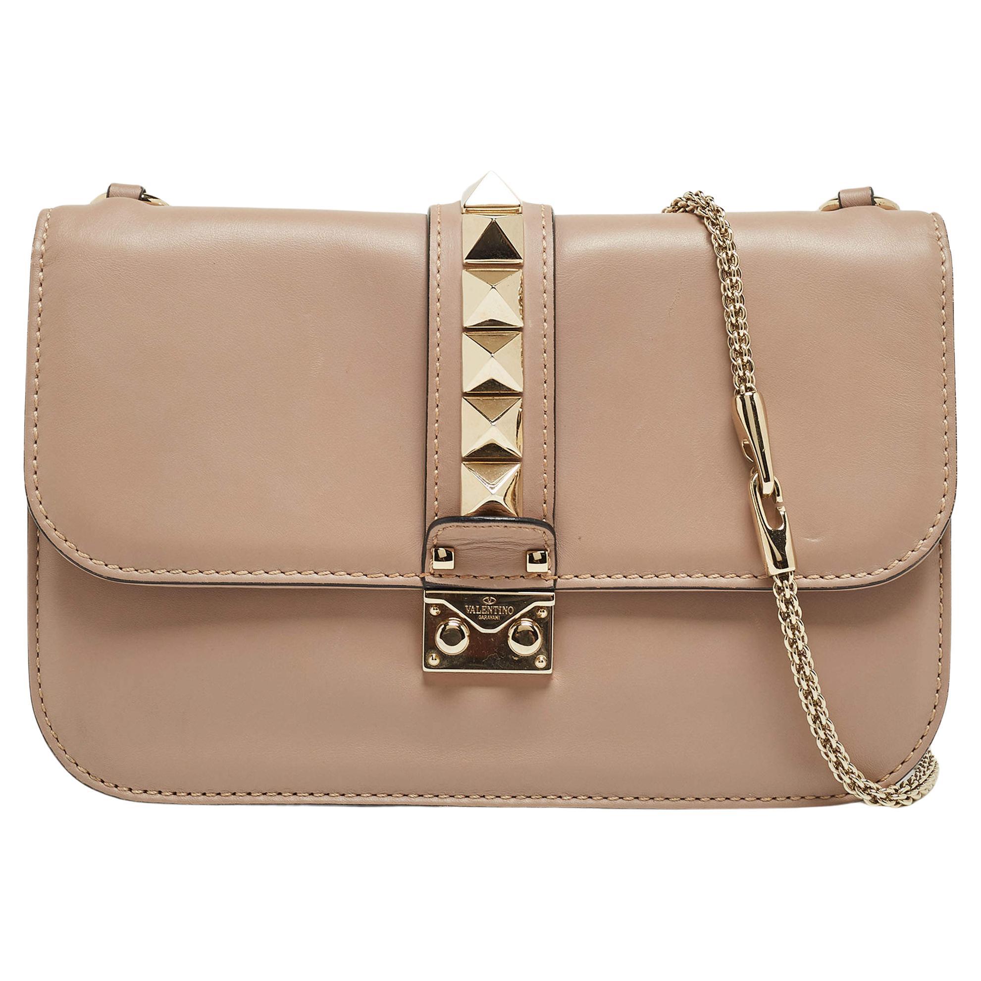 Valentino Old Rose Leather Medium Rockstud Glam Lock Flap Bag For Sale