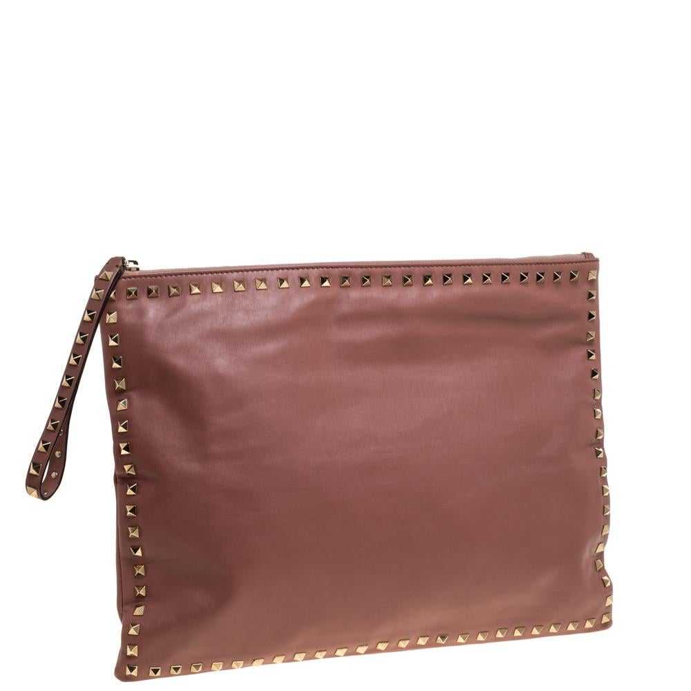 Brown Valentino Old Rose Leather Oversized Rockstud Wristlet Pouch