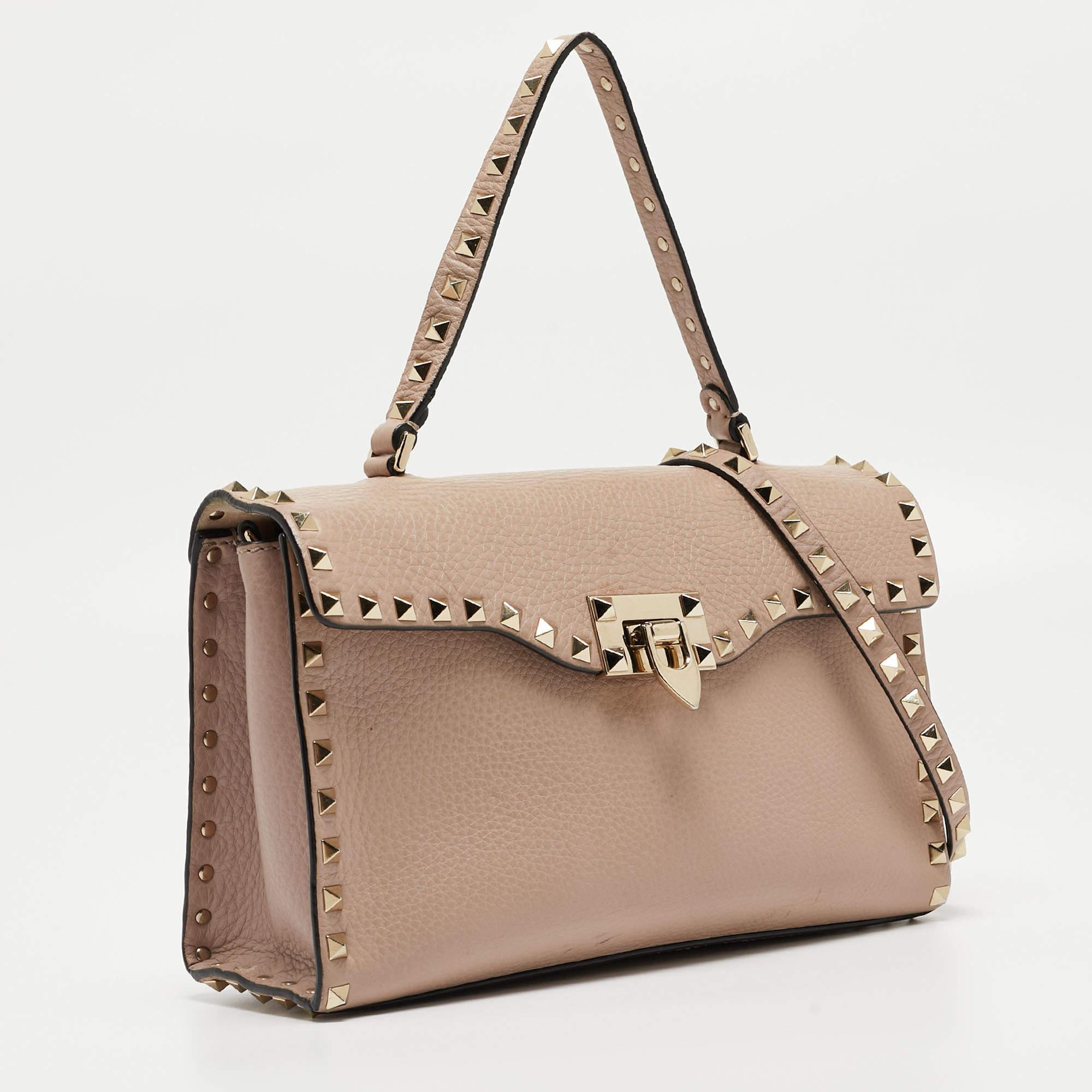Valentino Old Rose Leather Rockstud Top Handle Bag For Sale 8