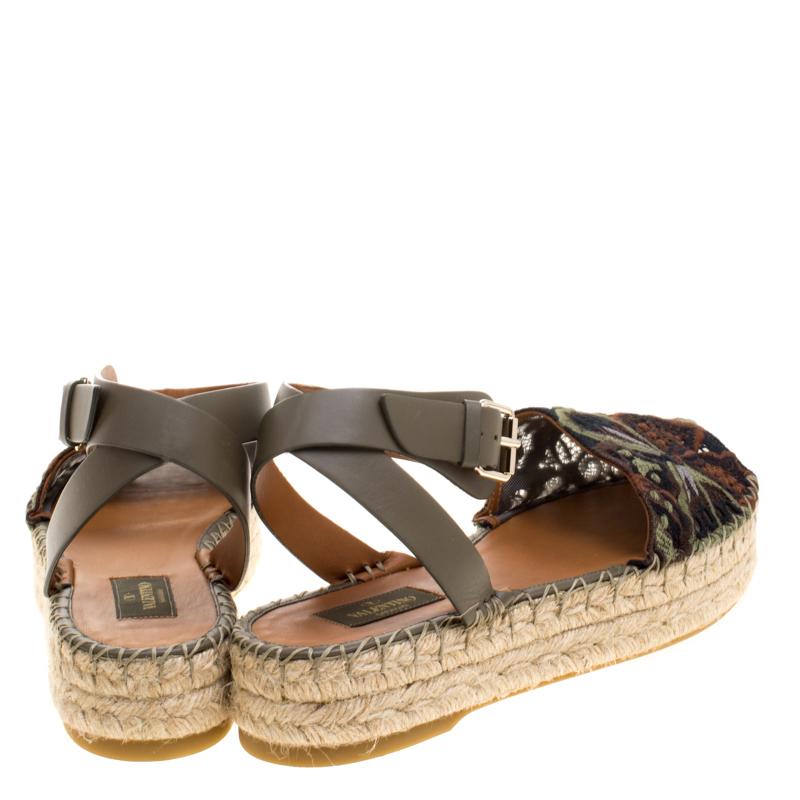 Brown Valentino Olive Embroidered And Leather Ankle Strap Espadrille Sandals Size 40
