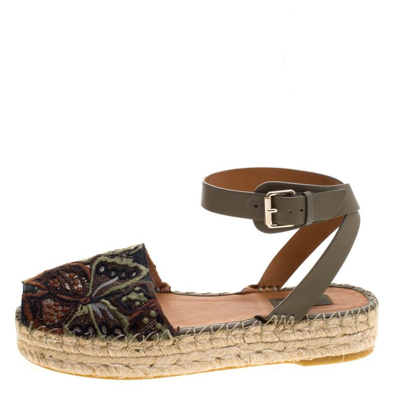 Women's Valentino Olive Embroidered And Leather Ankle Strap Espadrille Sandals Size 40