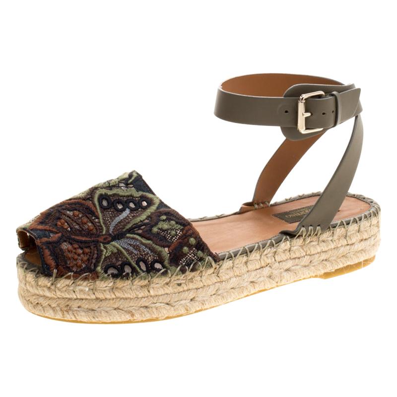 Valentino Olive Embroidered And Leather Ankle Strap Espadrille Sandals Size 40