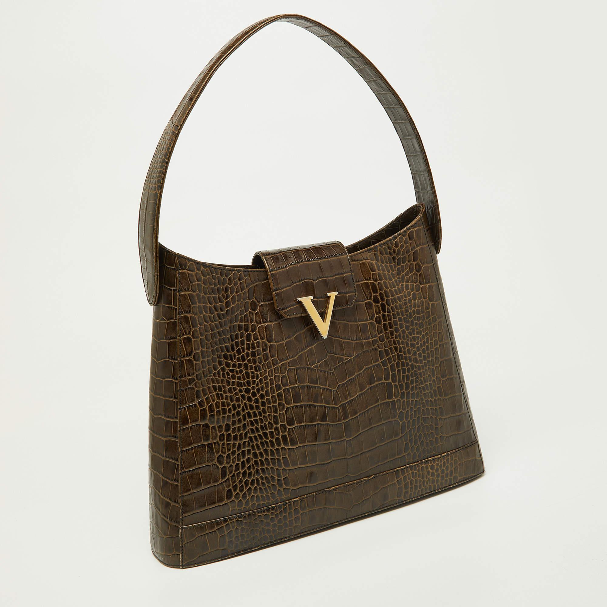 Valentino Olive Green Croc Embossed Leather Hobo 2