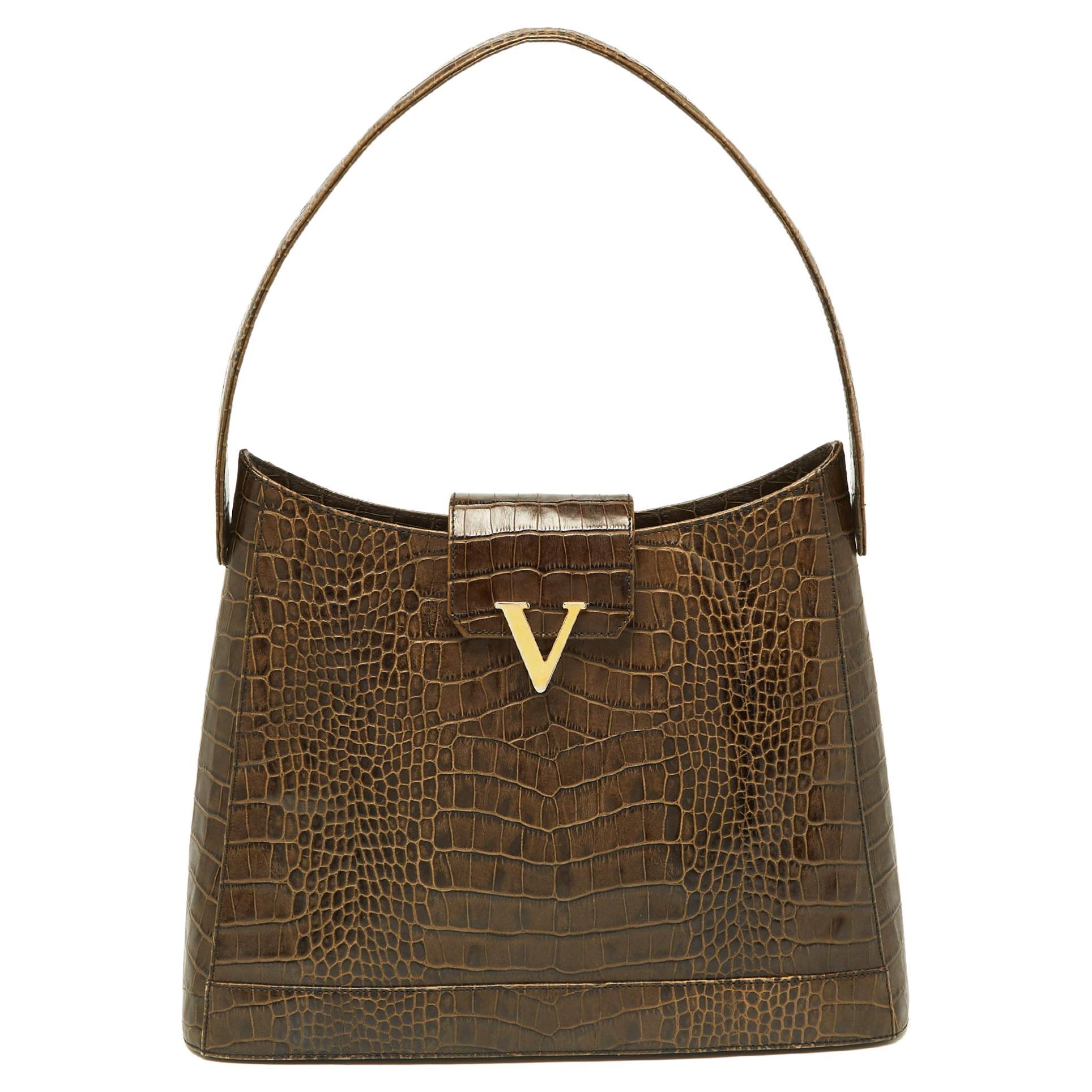Valentino Olive Green Croc Embossed Leather Hobo