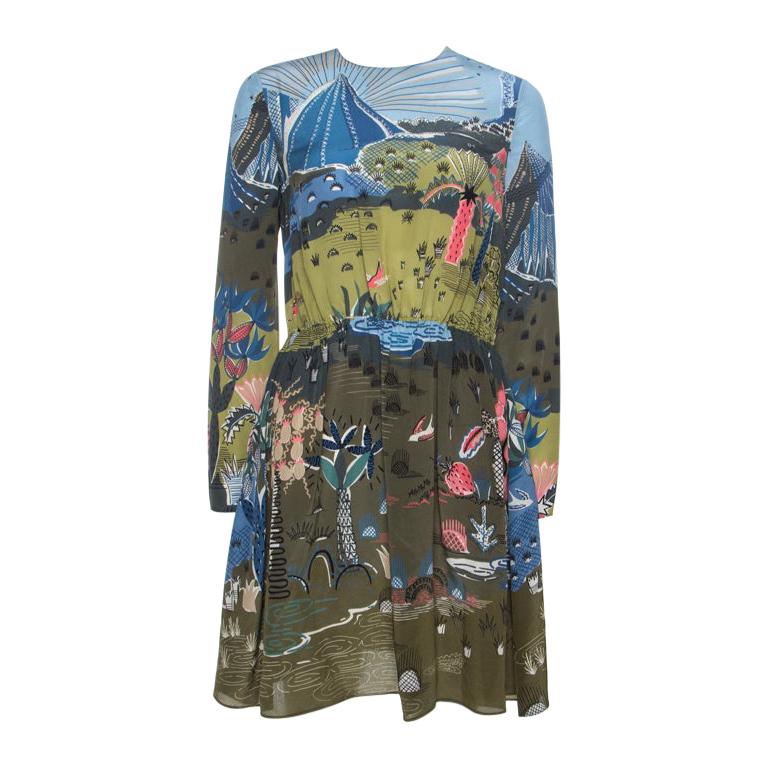 Valentino Olive Green Jungle Of Delight Print Silk Dress S