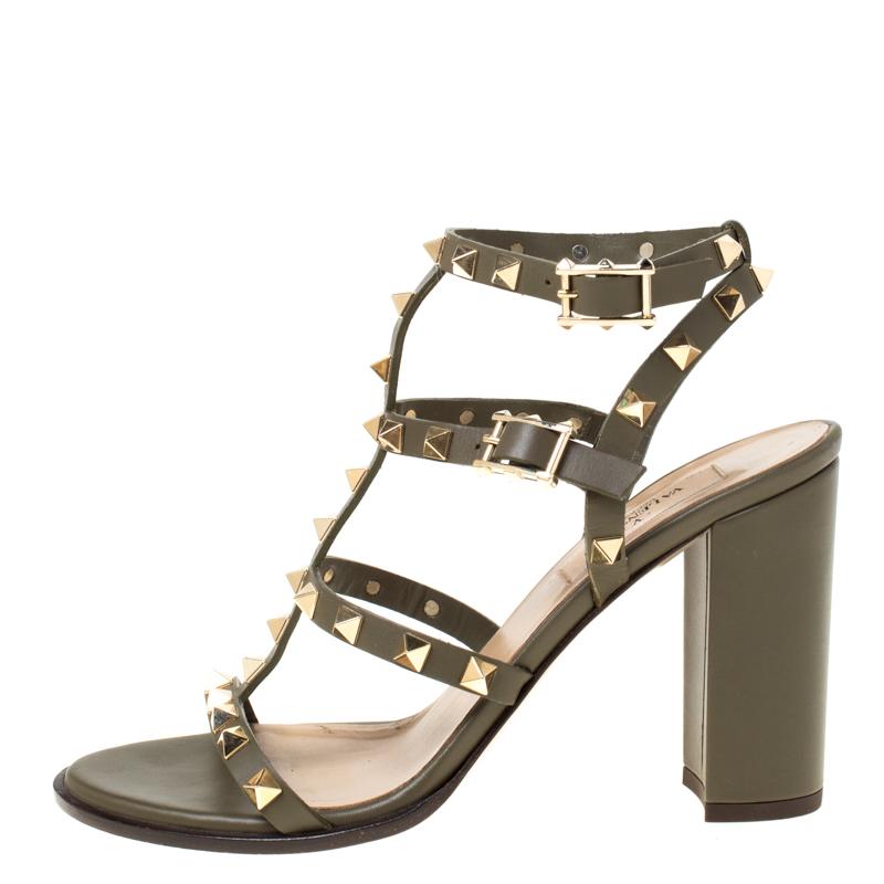 Women's Valentino Olive Green Leather Rockstud Caged Sandals Size 37