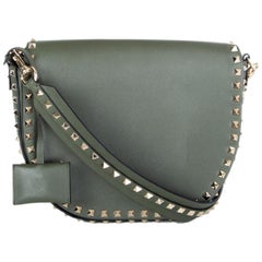 Used VALENTINO olive green leather ROCKSTUD SADDLE Shoulder Bag
