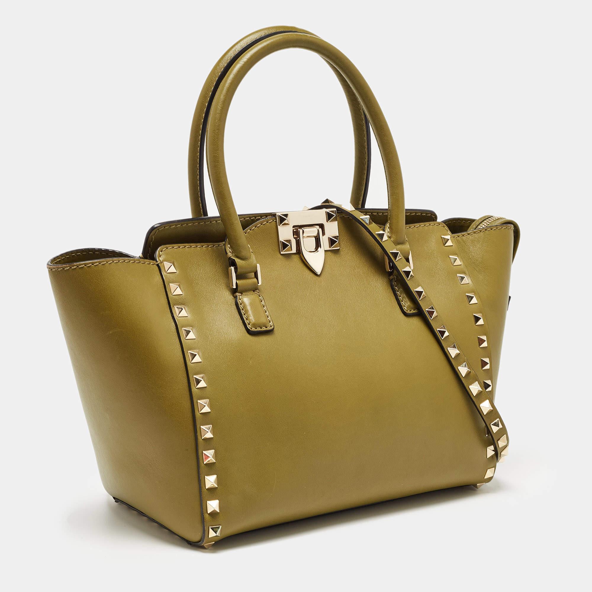 Valentino Olive Green Leather Small Rockstud Trapeze Tote For Sale 9