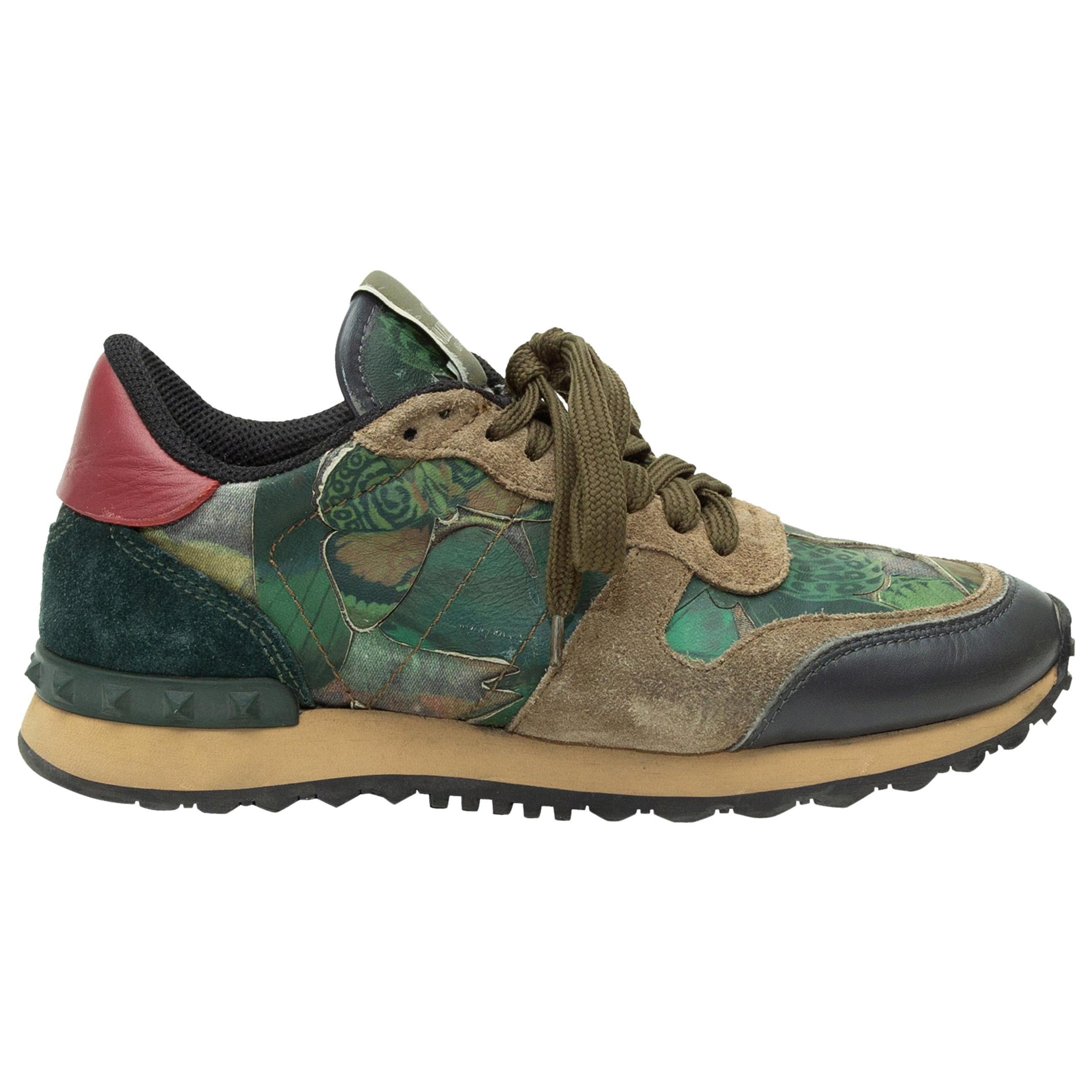 Valentino Olive Green & Multicolor Camubutterfly Rockstud Sneakers
