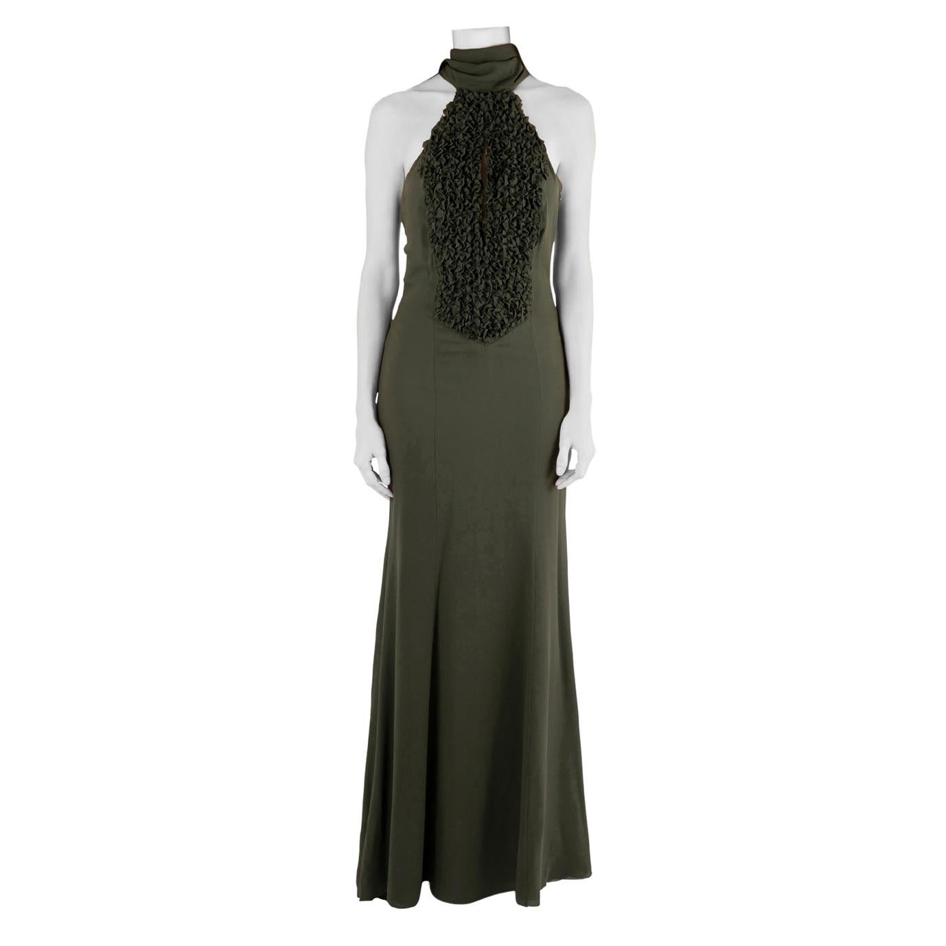 Valentino Olive Green Silk Ruffled Neck Halter Maxi Dress S