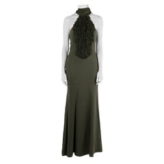 Valentino Olive Green Silk Ruffled Neck Halter Maxi Dress S