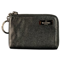 VALENTINO One Size Black Silver Pebble Grain Zip Around Keychain Wallet