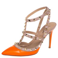 Valentino Orange/Beige Leather Rockstud Sandals Size 37.5