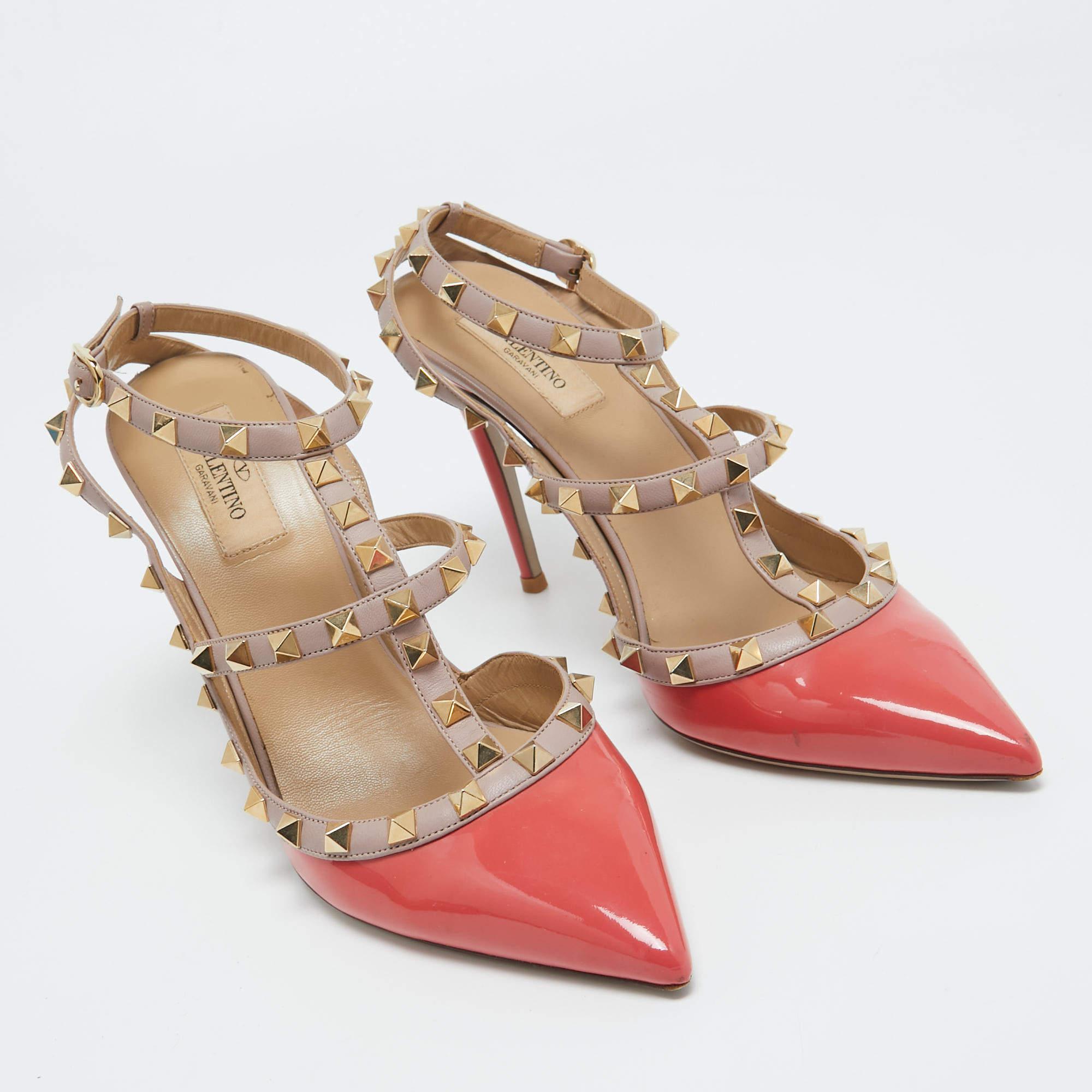 Valentino Orange/Beige Lack und Leder Rockstud Pumps mit Nieten Größe 40 (Braun) im Angebot