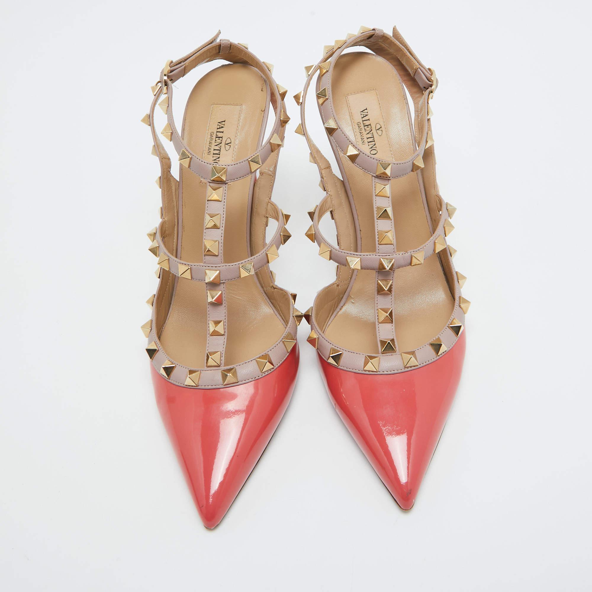 Women's Valentino Orange/Beige Patent and Leather Rockstud Pumps Size 40 For Sale