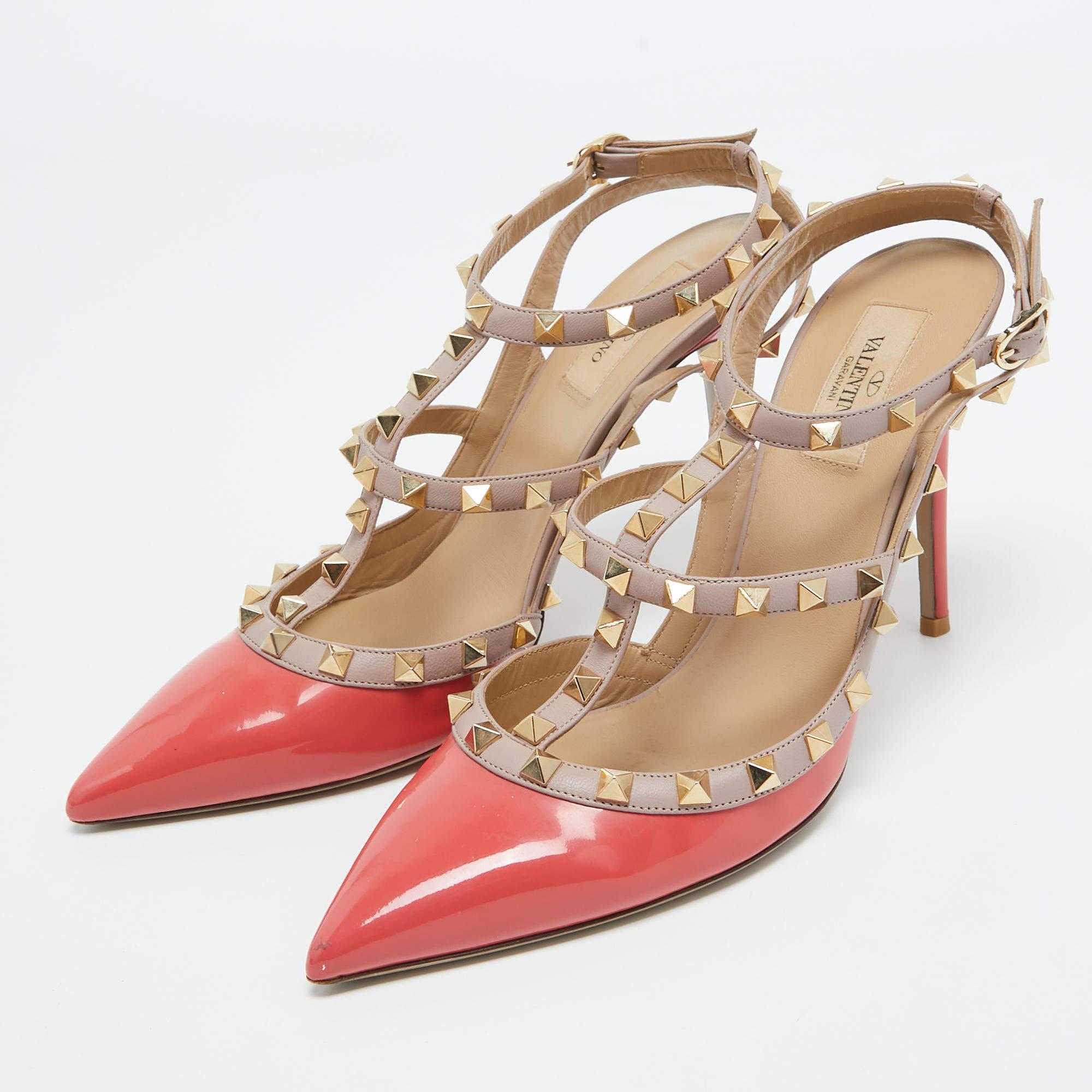 Valentino Orange/Beige Lack und Leder Rockstud Pumps mit Nieten Größe 40 Damen im Angebot