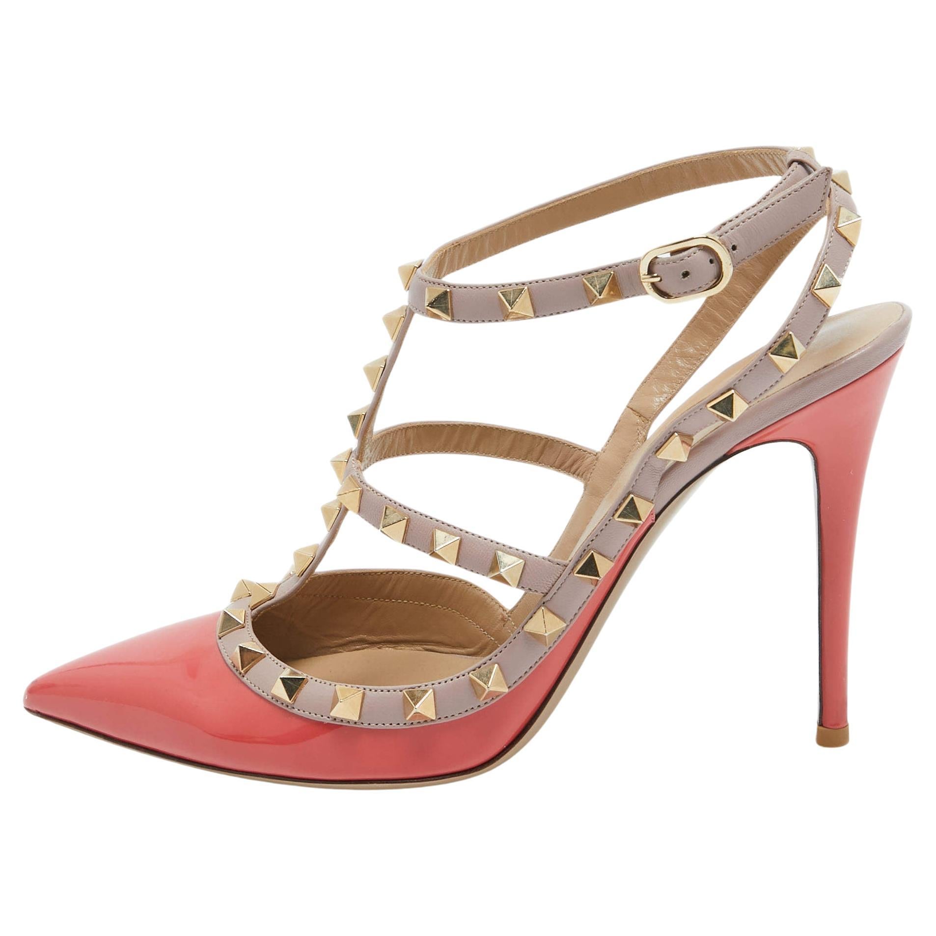 Valentino Orange/Beige Patent and Leather Rockstud Pumps Size 40 For Sale