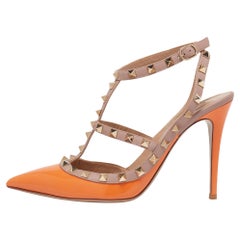 Valentino Orange/Dusty Pink Leather Rockstud Ankle-Strap Pumps Size 40