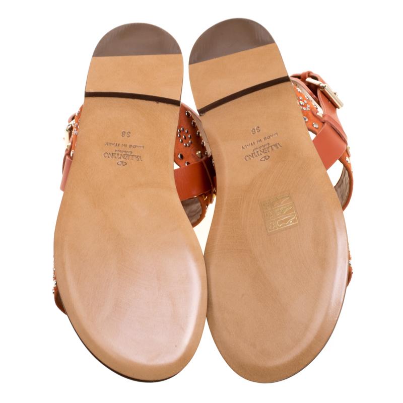Valentino Orange Embellished Suede Flat Sandals Size 38 2