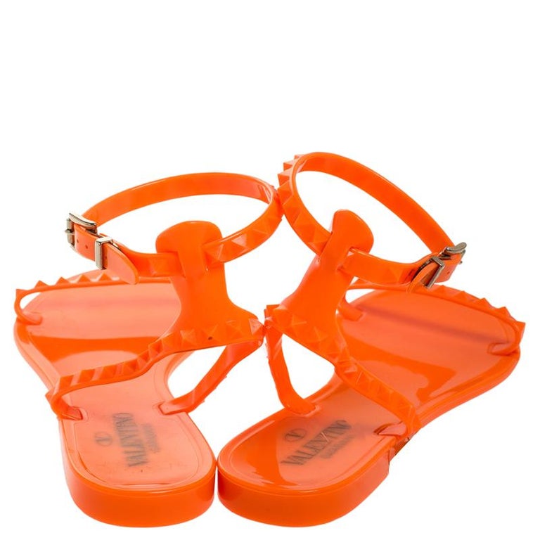 Valentino Orange Jelly Rockstud Ankle Strap Flats Sandals Size 39 at ...