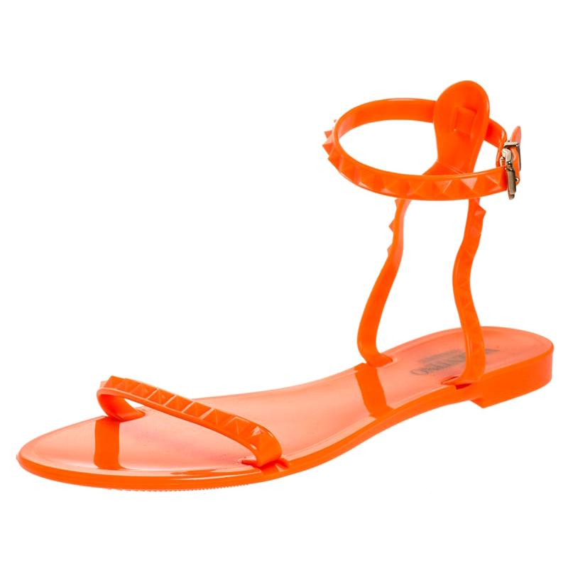 Valentino Orange Jelly Rockstud Ankle Strap Flats Sandals Size 39 