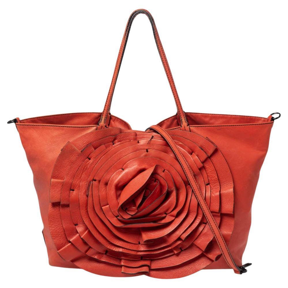 Valentino Orange Leather Petale Rose Shopper Tote For Sale