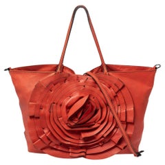 Used Valentino Orange Leather Petale Rose Shopper Tote