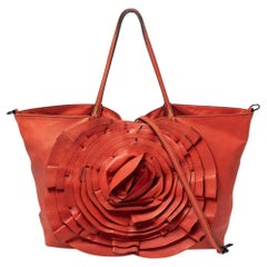 Valentino Orange Leather Petale Rose Shopper Tote