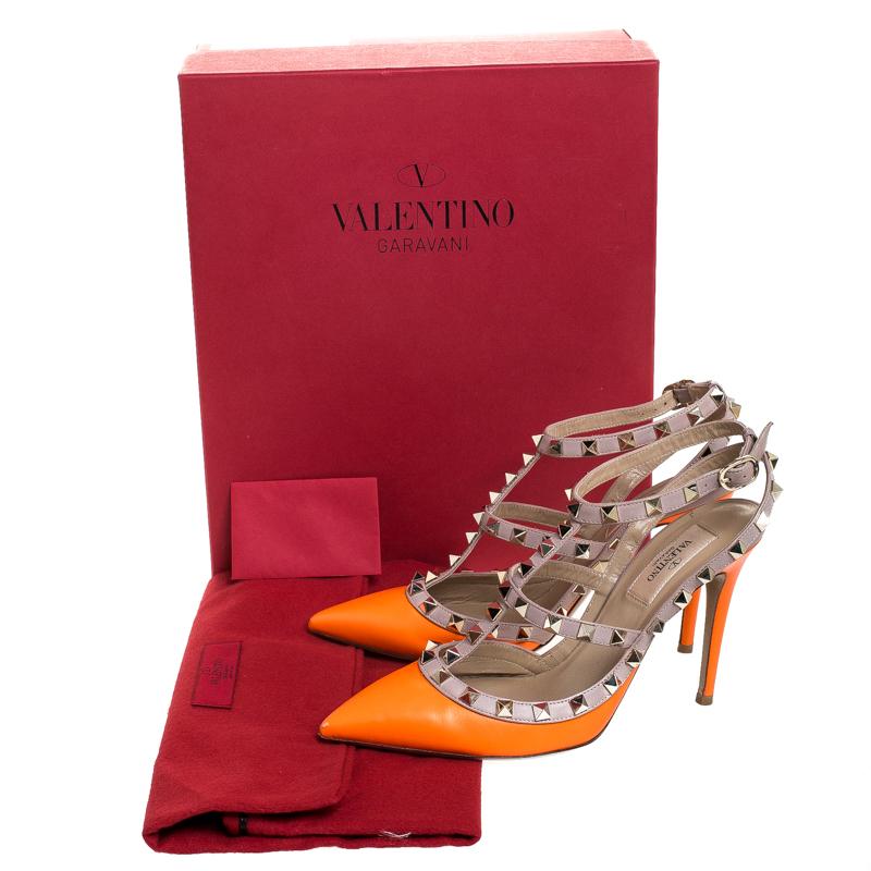 Valentino Orange Leather Rockstud Ankle Strap Cage Sandals Size 37.5 2