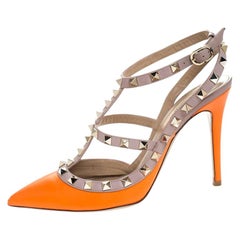 Valentino Orange Leather Rockstud Ankle Strap Cage Sandals Size 37.5