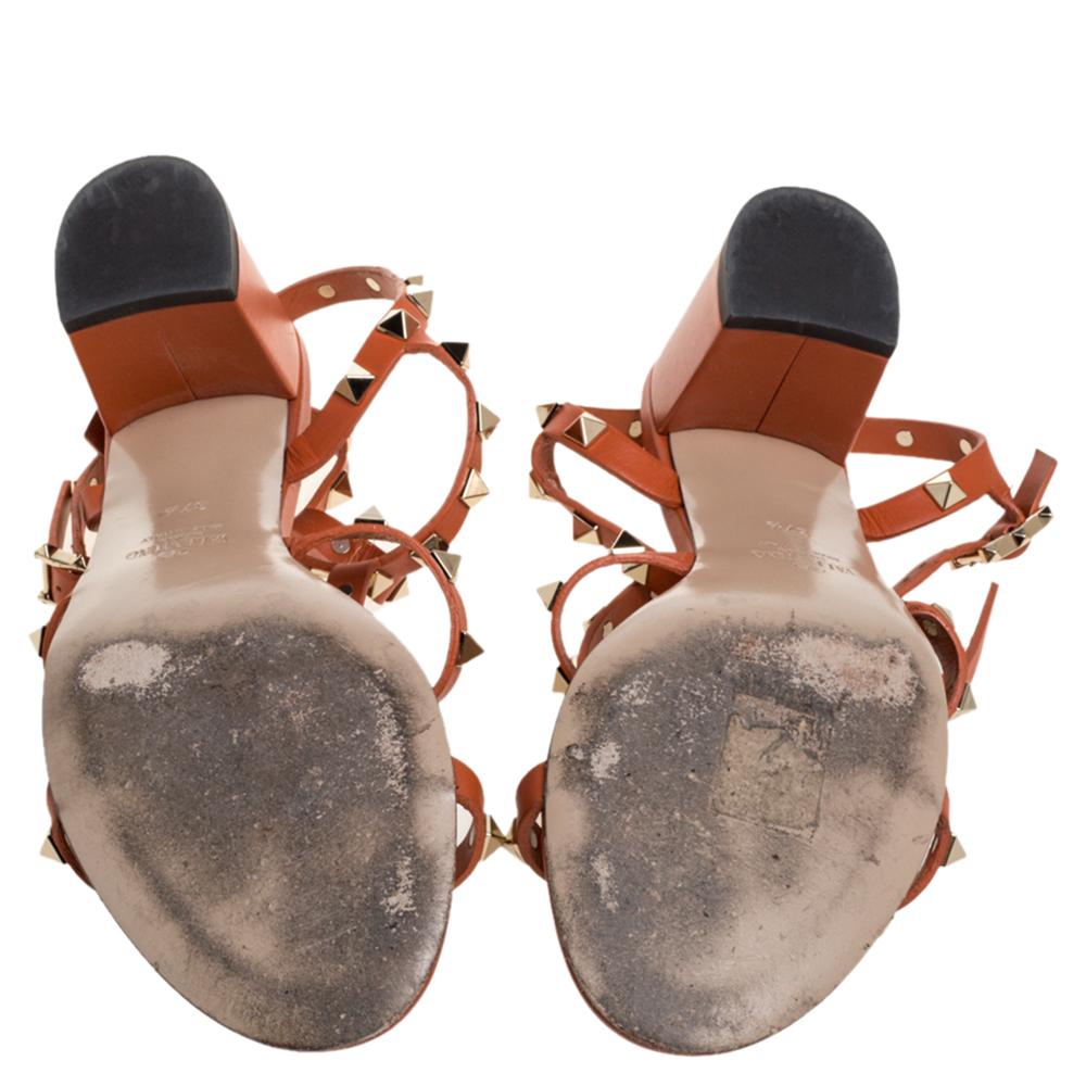 Women's Valentino Orange Leather Rockstud Caged Open Toe Sandals Size 37.5