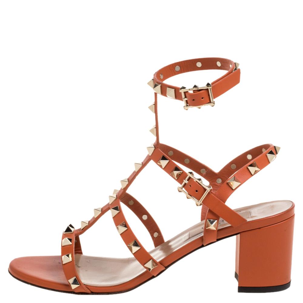 Valentino Orange Leather Rockstud Caged Open Toe Sandals Size 37.5 3