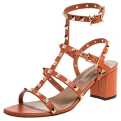 Used Valentino Orange Leather Rockstud Caged Open Toe Sandals Size 37.5