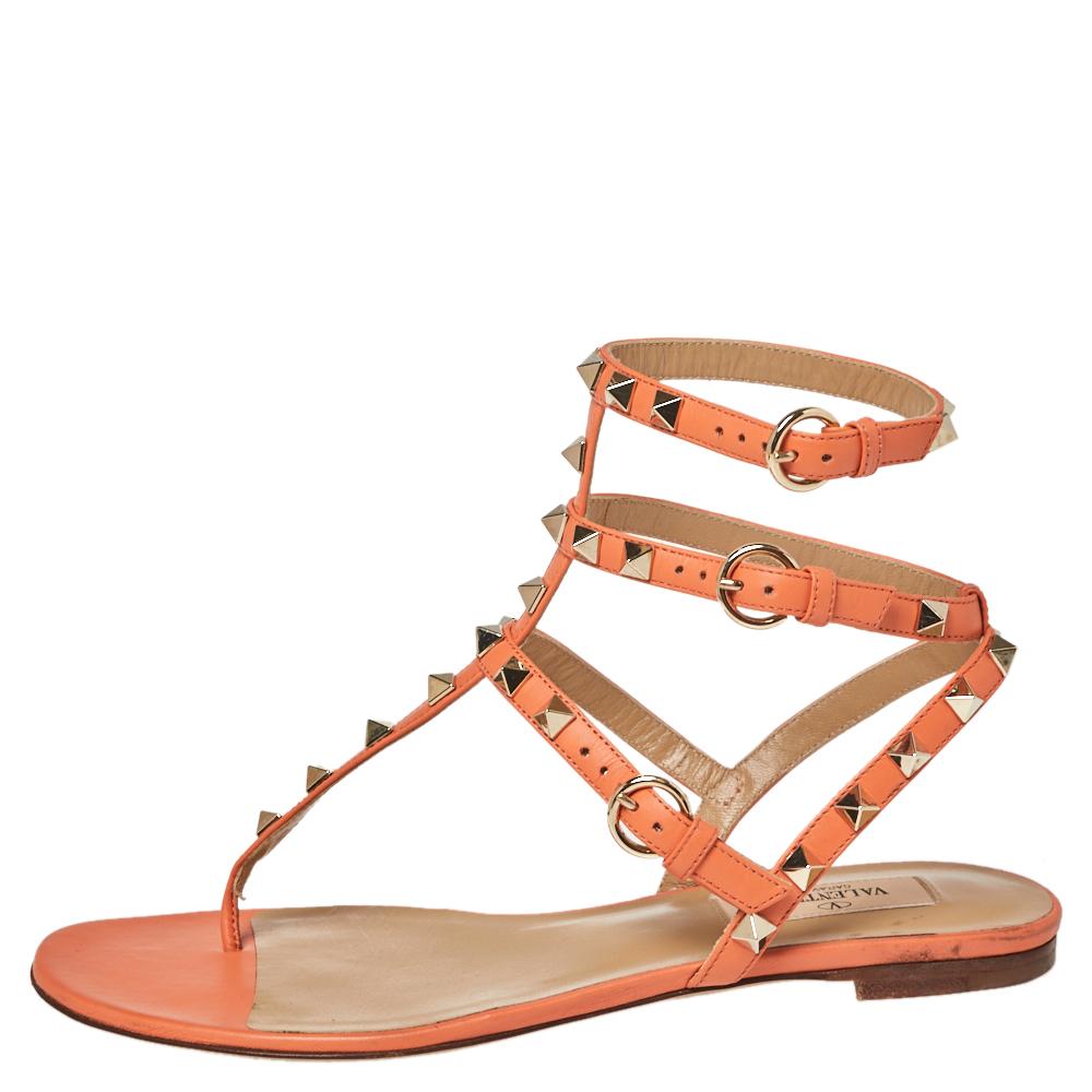 Women's Valentino Orange Leather Rockstud Thong Flat Sandals Size 37