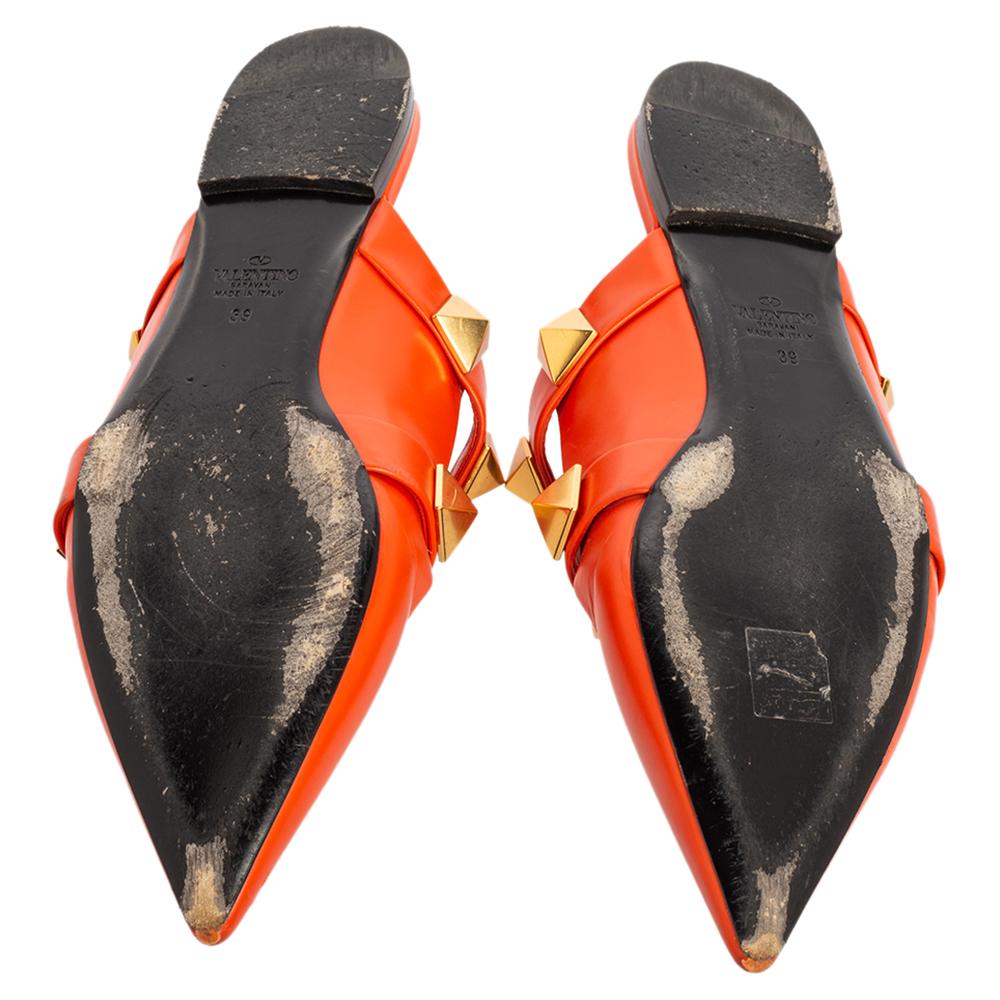 Red Valentino Orange Leather Roman Stud Flat Mules Size 39
