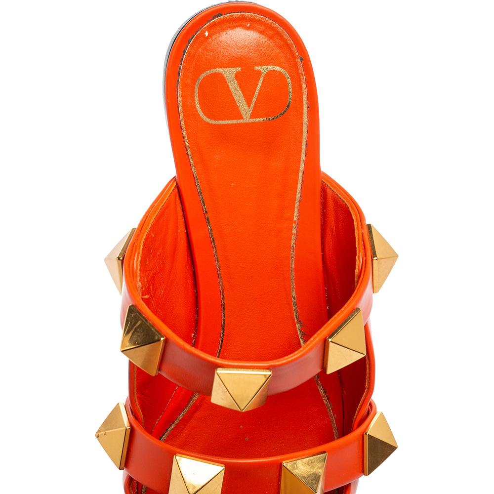 Women's Valentino Orange Leather Roman Stud Flat Mules Size 39