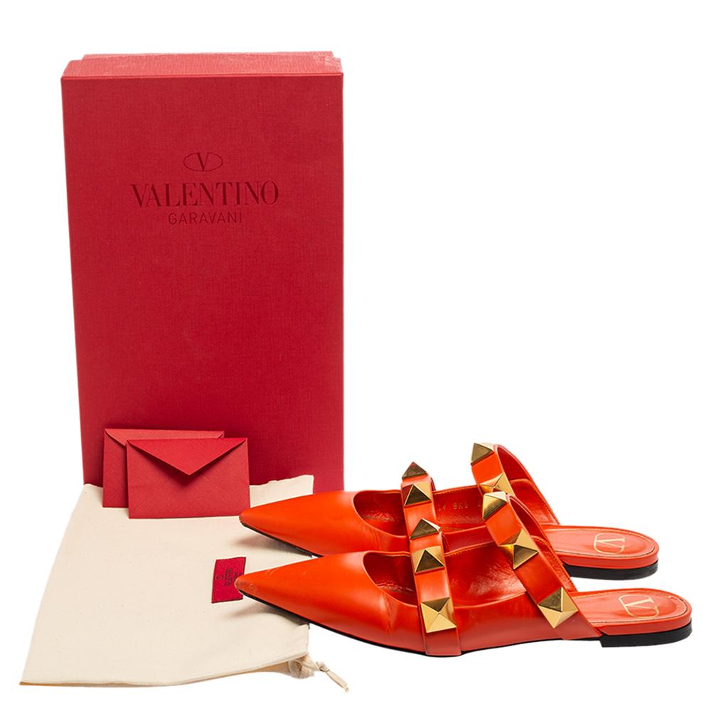 Valentino Orange Leather Roman Stud Flat Mules Size 39 3