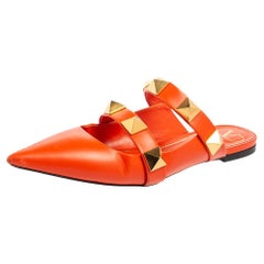 Valentino Orange Leather Roman Stud Flat Mules Size 39