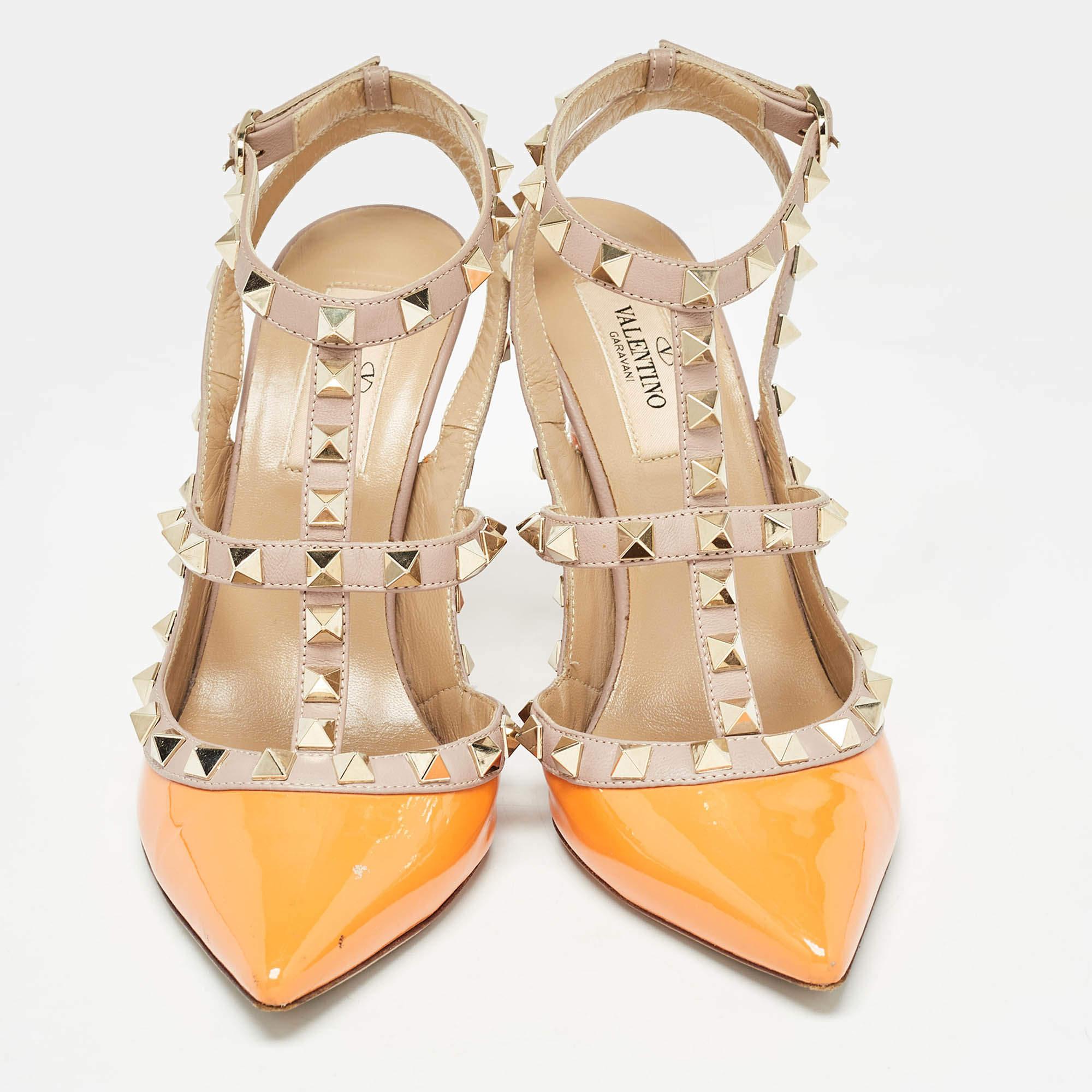Beige Valentino Orange Patent and Leather Rockstud Pumps Size 36.5