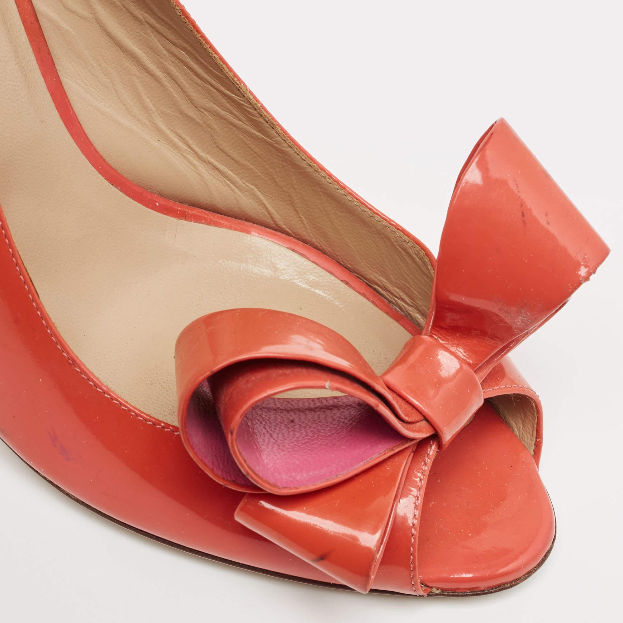 Valentino Orange Patent Bow Slingback Peep Toe Pumps Size 39.5 1