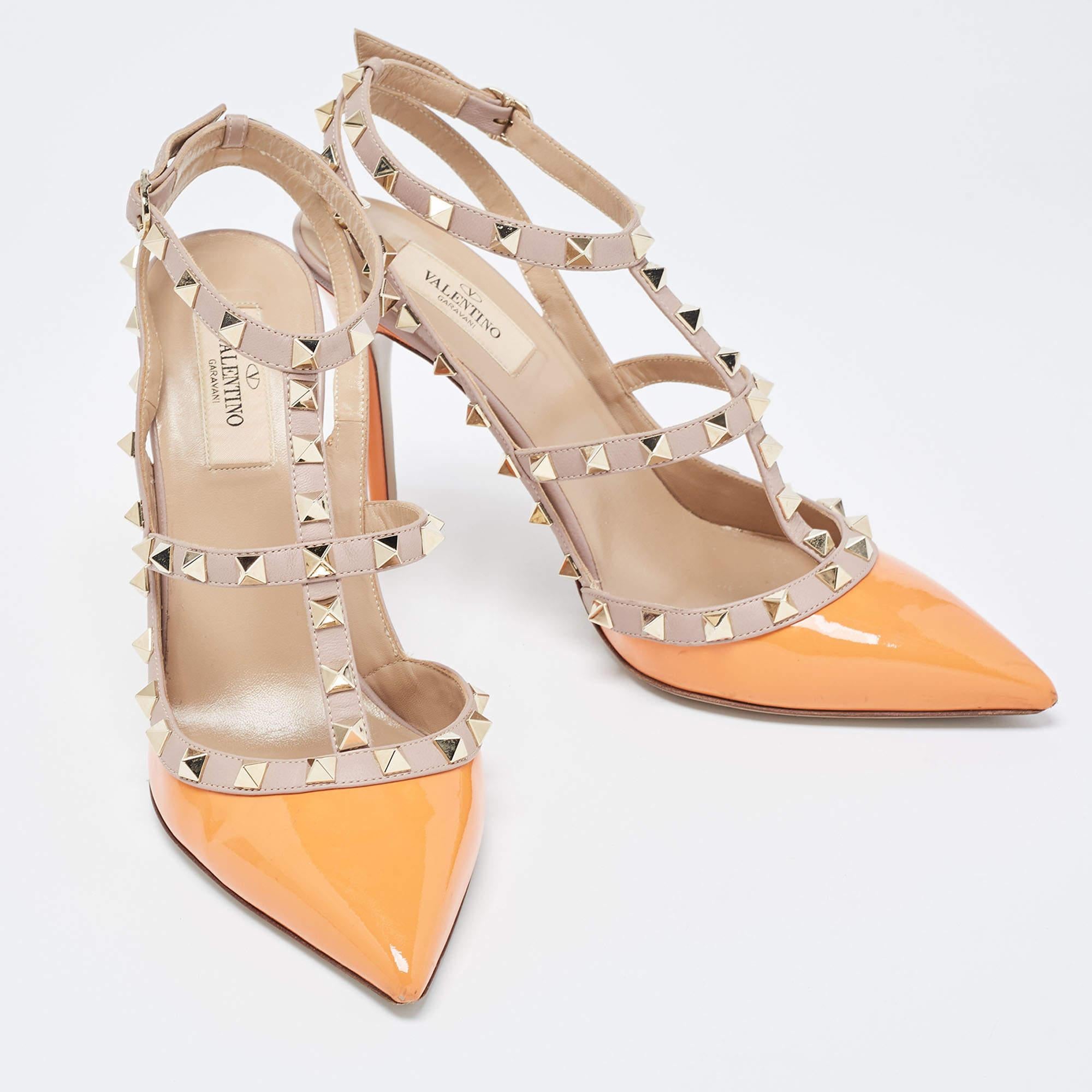 Women's Valentino Orange Patent Leather Rockstud Strappy Pointed Toe Pumps Size 40