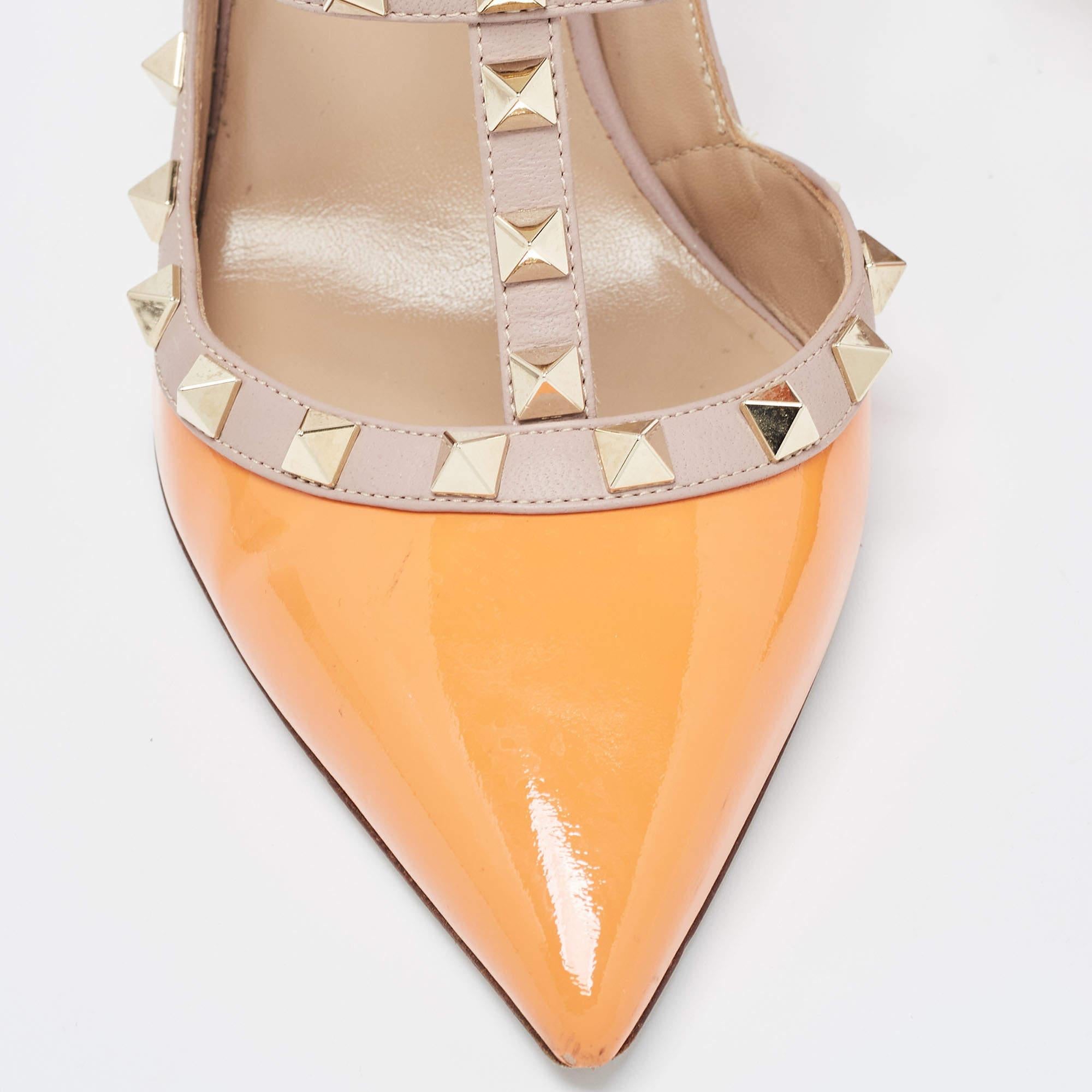 Valentino Orange Patent Leather Rockstud Strappy Pointed Toe Pumps Size 40 1