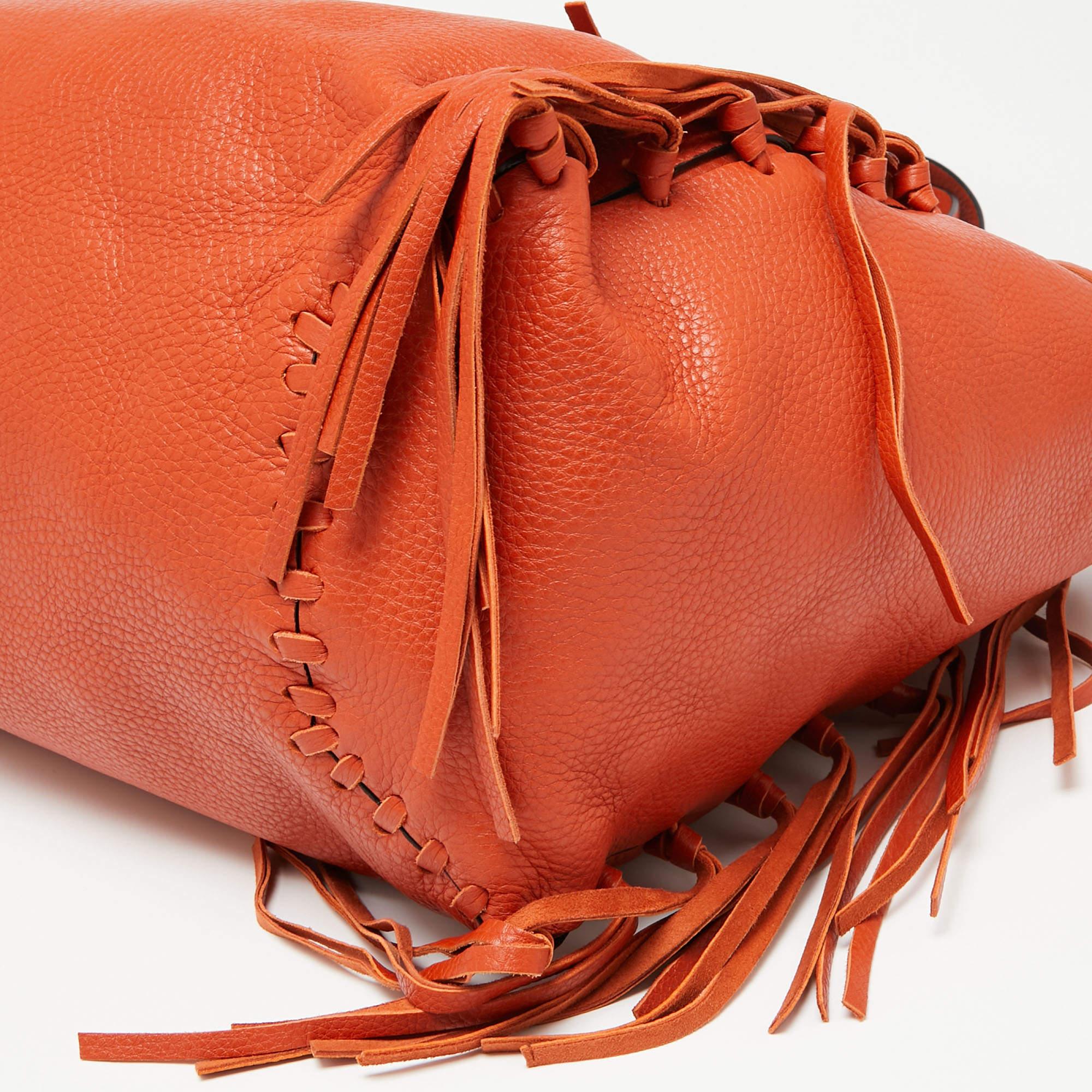 Women's Valentino Orange Pebbled Leather Fringe C-Rockee Tote