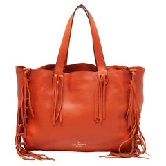 Valentino Orange Pebbled Leather Fringe C-Rockee Tote