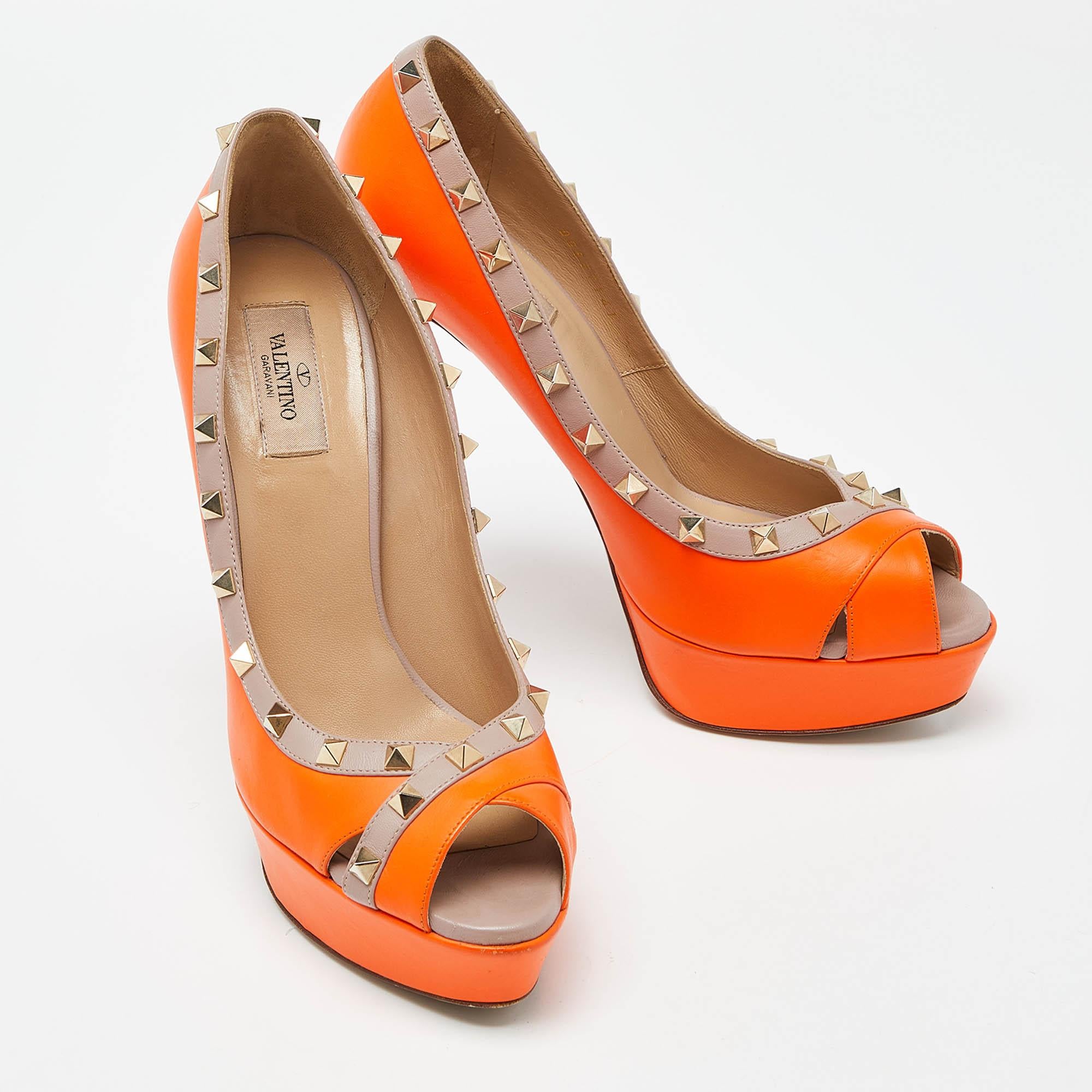 Women's Valentino Orange/Pink Leather Rockstud Platform Peep Toe Pumps Size 41