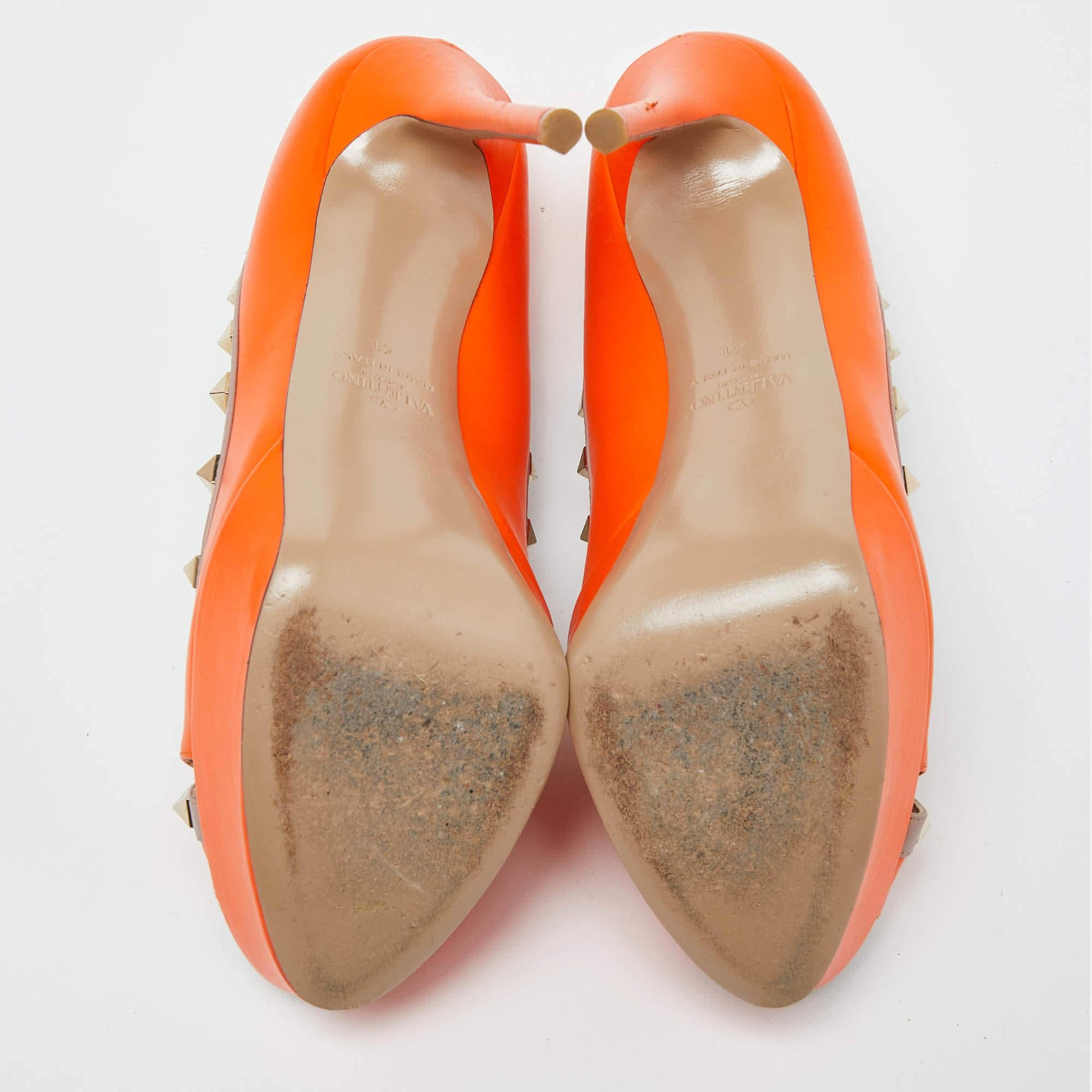 Valentino Orange/Pink Leather Rockstud Platform Peep Toe Pumps Size 41 2