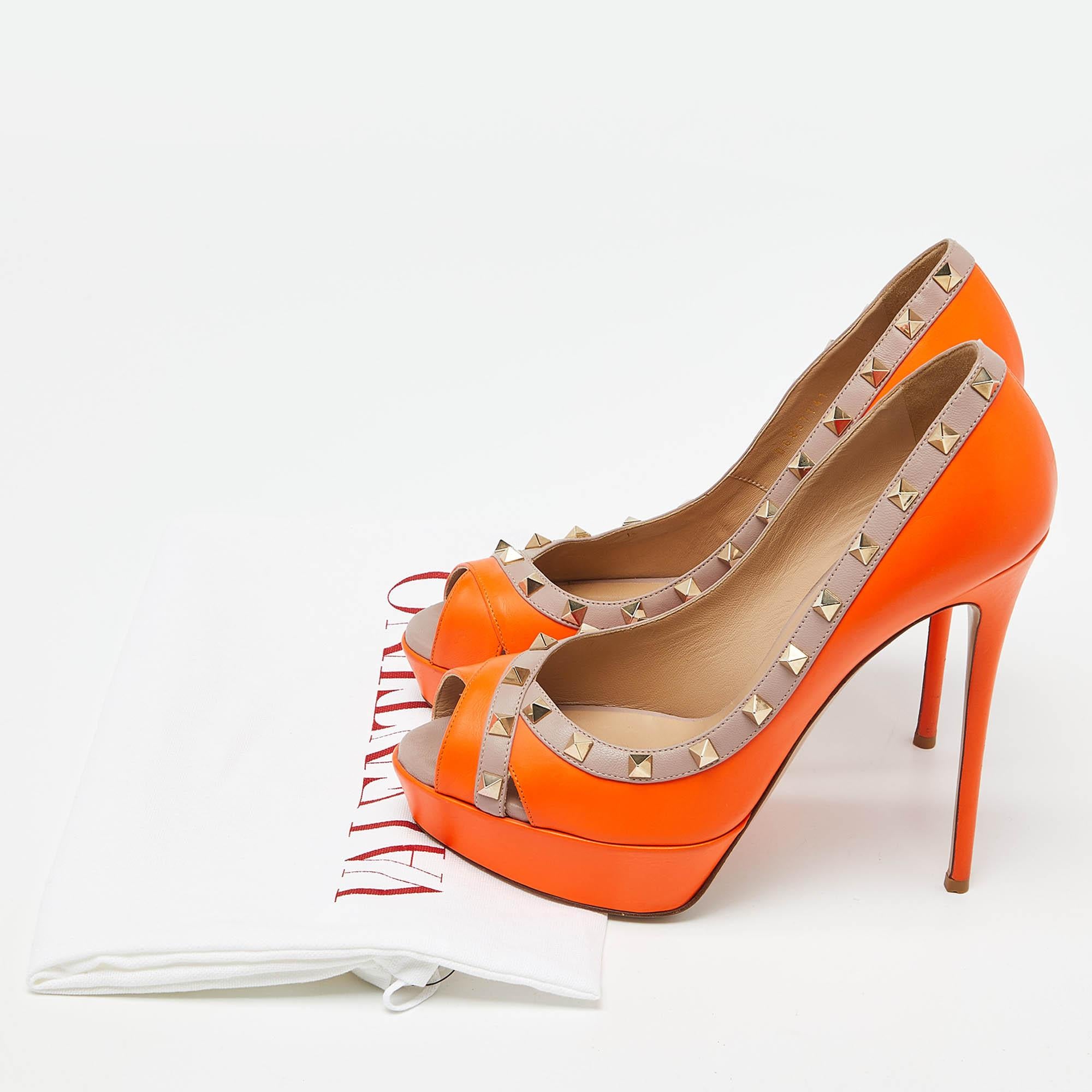 Valentino Orange/Pink Leather Rockstud Platform Peep Toe Pumps Size 41 5